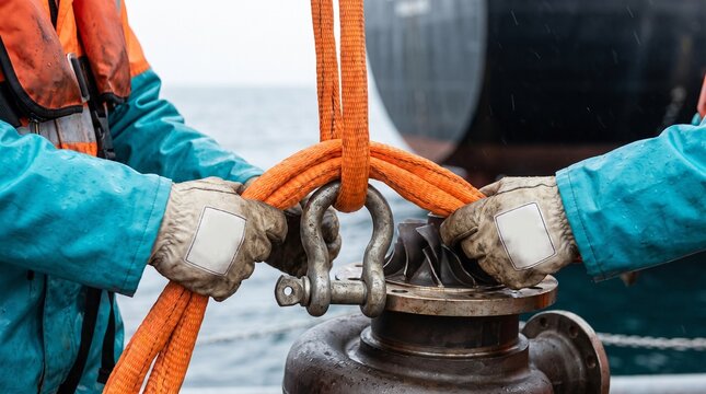 Rigger secures orange sling beside turbine part