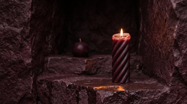 Twisted pillar candle in a merlot stone alcove
