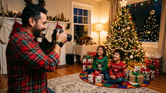 Father takes Christmas photo of happy children in festive living room with decorated tree and gifts