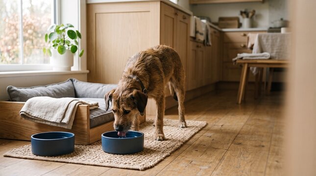 New foster dog explores a quiet kitchen corner