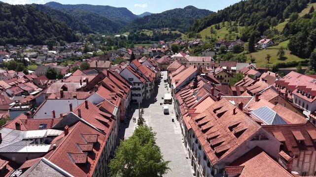 Drone view along an old town street in Skofja Loka, Slovenia