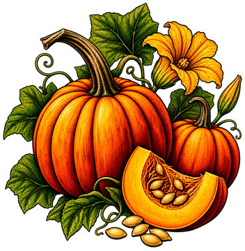 Vintage pumpkin autumn harvest engraved botanical illustration isolated on transparent background