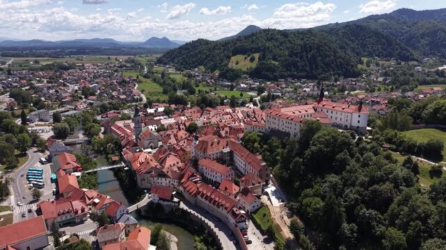 Panoramic flight over the townscape of Skofja Loka, Slovenia