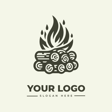 Minimalist campfire logo icon featuring stacked logs and stylized flames for branding.