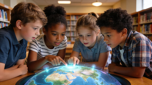 Generation alpha kids using a digital tablet in a school library