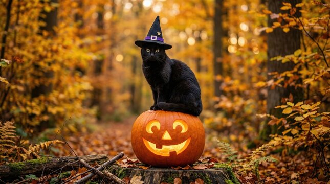 Magical Halloween Cat. A black cat wearing a witch hat sitting on a glowing jack-o'-lantern in an autumn forest, festive seasonal imagery for holiday projects.