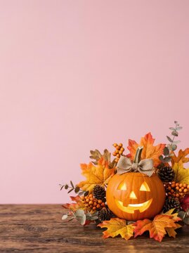 Lit Jack-o-lantern pumpkin with autumn leaves and pinecones on wooden table against pink background, seasonal holiday interior decor