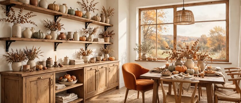 Dining room with rustic wooden furniture and shelves decorated with pumpkins and dried flowers for a cozy autumn home interior setup