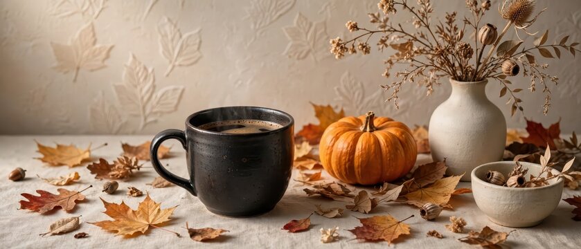 Black coffee mug with pumpkin and dried flowers on a table with fallen autumn leaves, cozy seasonal home decor for a warm atmosphere in October