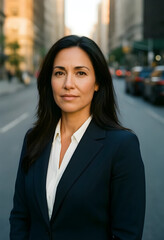 Naklejka premium Confident business woman in urban setting, professional leadership and corporate success, diverse female executive portrait outdoors