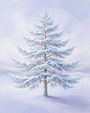 Winter Serenity. Snowy evergreen tree, isolated in a frozen landscape, artistic illustration for holiday greeting cards and winter season decor.