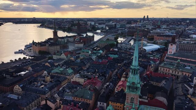 Sunset aerial view over Gamla Stan Old Town in Stockholm, Sweden