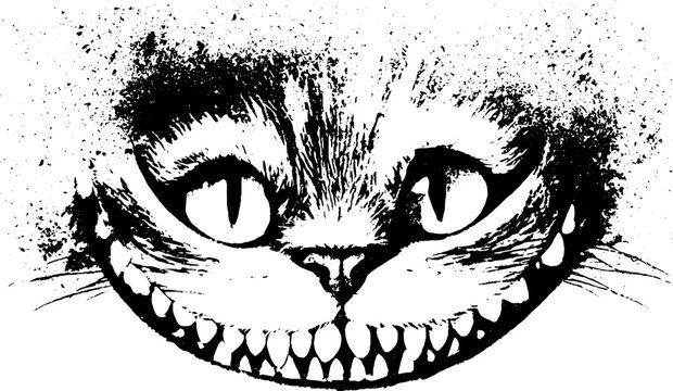 Grunge black and white stencil cheshire cat face with wide grin for spooky poster background and decal design