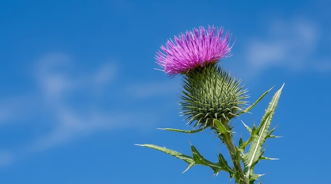 thistle flower on the blue sky background closeup of photo  thistle bloom flora nature wildflower purple spike detail close-up stem sharp bract core structure intricate clear sky