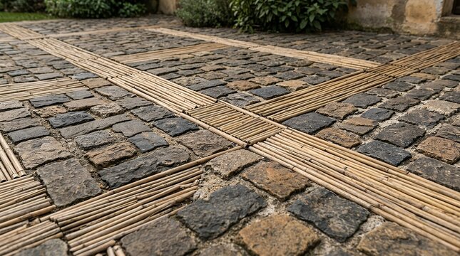 Textured cobblestone masonry accented by intersecting parallel cane pole styling. Earthy masonry surface paired with linear reed dividers highlighting organic construction techniques and outdoor