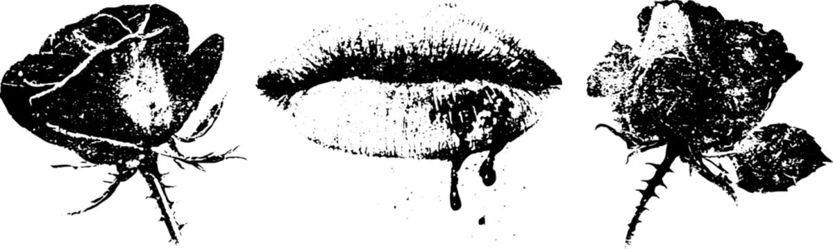 Grunge black and white stencil of kissing lips and roses for poster background and banner design with distressed ink texture