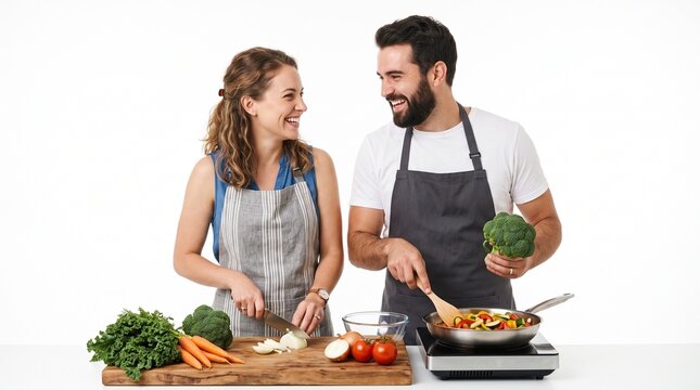 Happy couple cooking healthy food together in kitchen, smiling and looking at each other while preparing vegetables
