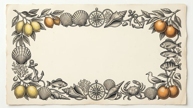 Antique Border Collection - Nautical Journal Postal Cancellation - Mediterranean Marine Illustration Nautical sketch elements for mail stationery including hand-drawn citrus fruits ocean shells