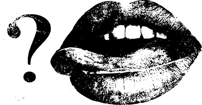 Grunge black and white stencil lips with question mark and tongue out for enigmatic poster background and quirky design