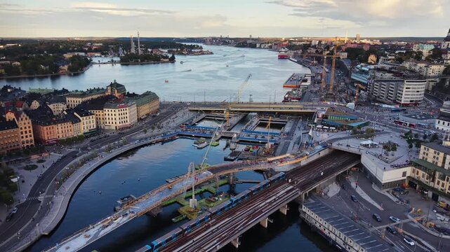 Flight over Slussen lock construction area in Stockholm, Sweden