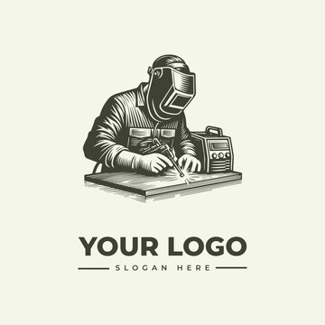 Professional welder working on metal plate illustration for industrial logo design.