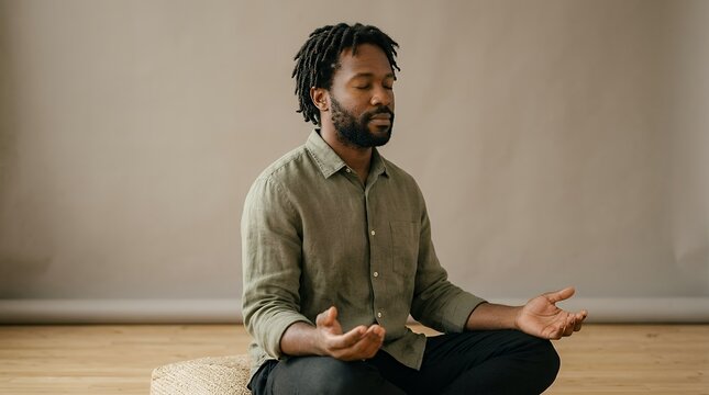 Serene Male Person Practicing Mindfulness And Breath Work Indoors Studio Isolation Portrait Studio setting capturing a calm individual with natural textured hair keeping his palms upward in a