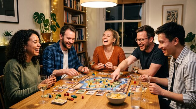 Diverse group of friends laughing and playing a board game together at a wooden table indoors