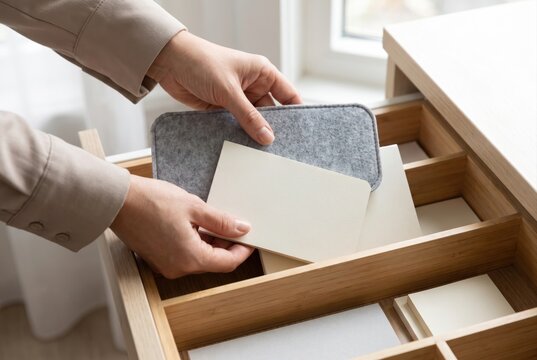Person placing cards and felt pouch into wooden drawer organizer