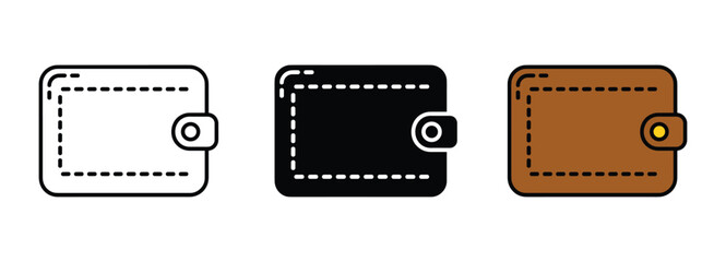 Fototapeta premium Wallet Icon Set: A collection of minimalist wallet icons, presented in outline, solid black, and brown leather styles, symbolizing finance and personal accessories.
