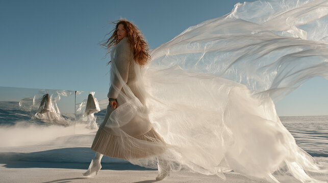 Woman walking in flowing white gown on snowy ground