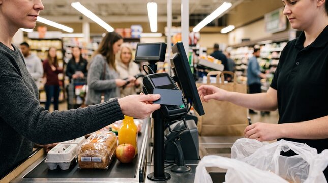 Customer pays with credit card at grocery store checkout with cashier bagging groceries