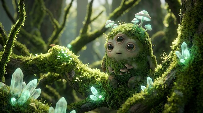 Enchanting adorable trifocal fungal entity whimsical juvenile extraterrestrial or mythic woodland being surreal fantasy backdrop  Enchanting adorable trifocal fungal entity whimsical juvenile