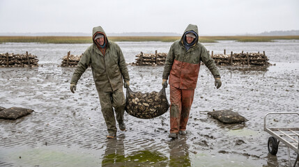 Naklejka premium Conservation crew hauls oyster shell sacks over a tidal mudflat