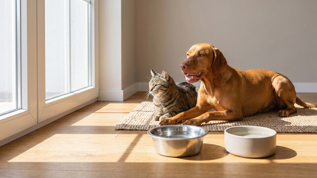 Dog and Cat Cooling Down Indoors With Fresh Water Bowls in Summer Heat