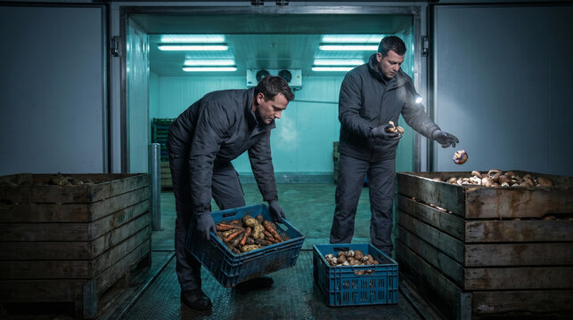 Night shift transfer of imperfect crops to cold storage at a warehouse