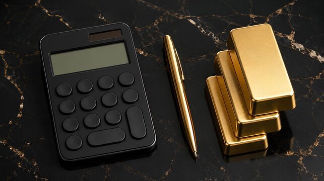 Top down flat lay of a blank calculator golden pen and gold blocks