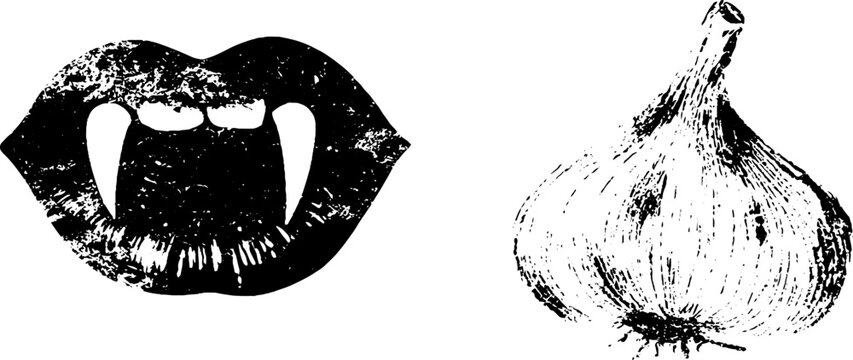 Grunge black and white vampire mouth with fangs and garlic stencil illustration for halloween poster background and gothic design