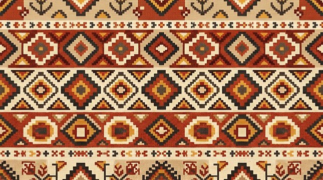Seamless ethnic tribal pattern with geometric pixel art inspired by ancient weaving traditions and ornamental earth tone motifs for textile design Bohemian style decorative background with warm clay