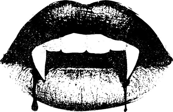 Grunge black and white vampire mouth with exposed fangs and dripping blood stencil for halloween poster and banner design