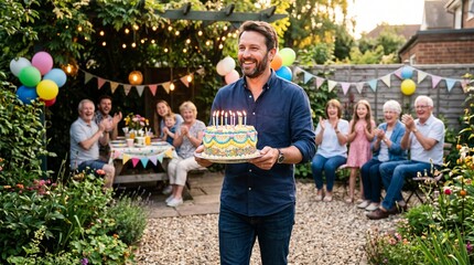 Obraz premium Man holding birthday cake with lit candles at outdoor family garden party celebration