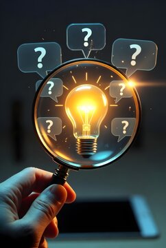 Magnifying Glass Revealing Insights Around a Glowing Light Bulb
Searching for Solutions Through Question Mark Thought Bubbles
Enlarging Ideas While Pondering Answers in Speech Bubbles
Inspecting a Bri