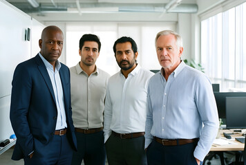 Obraz premium Diverse business team collaboration, multi-ethnic group of male professionals standing in a modern office environment, corporate leadership and inclusion