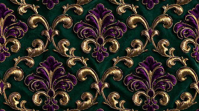 Vintage Fleur De Lis Baroque Pattern on Green Velvet