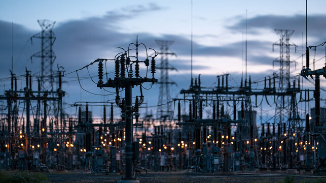 High Voltage Electrical Substation Power Grid at Dusk