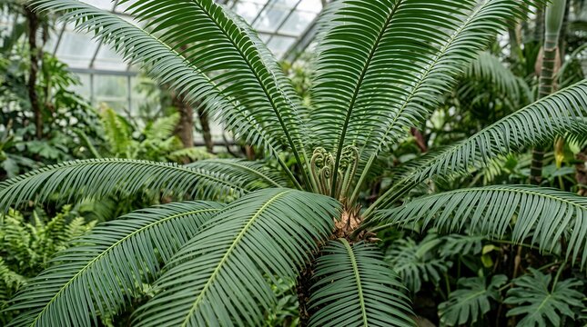 Detailed Botanical View of Elegant Cycad Foliage in a Controlled Tropical Environment  cycad Macrozamia tropical greenhouse foliage leaf rare elegant structure vibrant green botanical