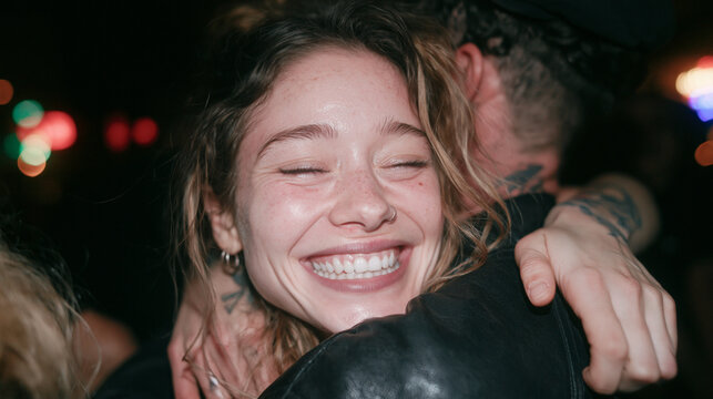 Joyful Young Woman Hugging Friend at Night Party