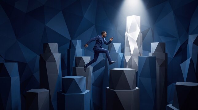 Businessman Jumping Across Geometric Pillars Towards Spotlight