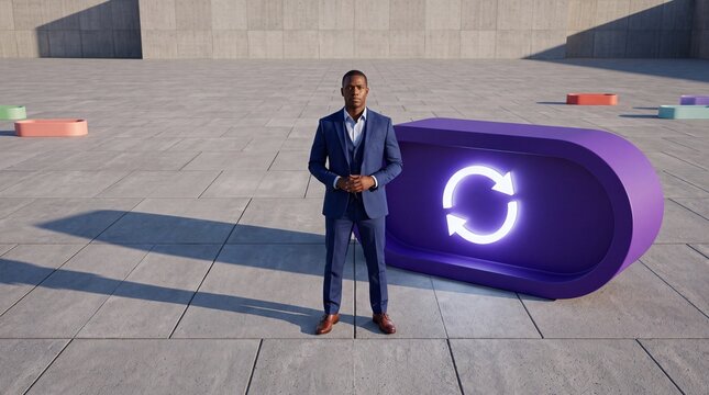 Businessman Standing Beside Glowing Refresh Symbol Outdoors