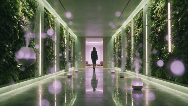 Biophilic Modern Corridor with Vertical Gardens and Diffusers