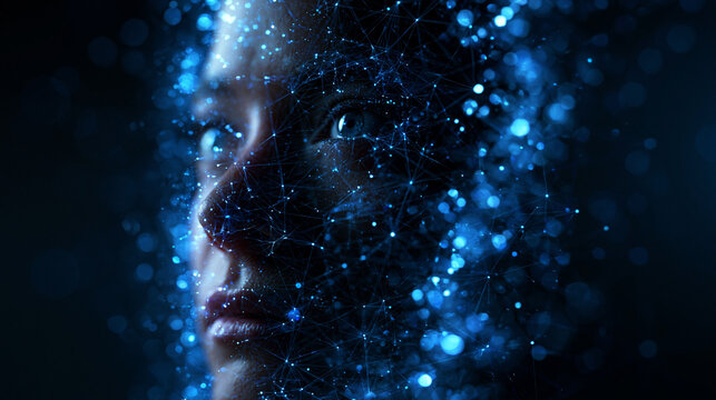 Woman Face with Digital Data and AI Neural Network Overlay